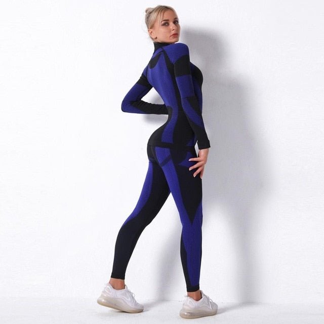 Autumn Color Patchwork Yoga Set Women Gym Clothes Fitness Long Sleeve Top Leggings Suit Push Up Workout New Tracksuit