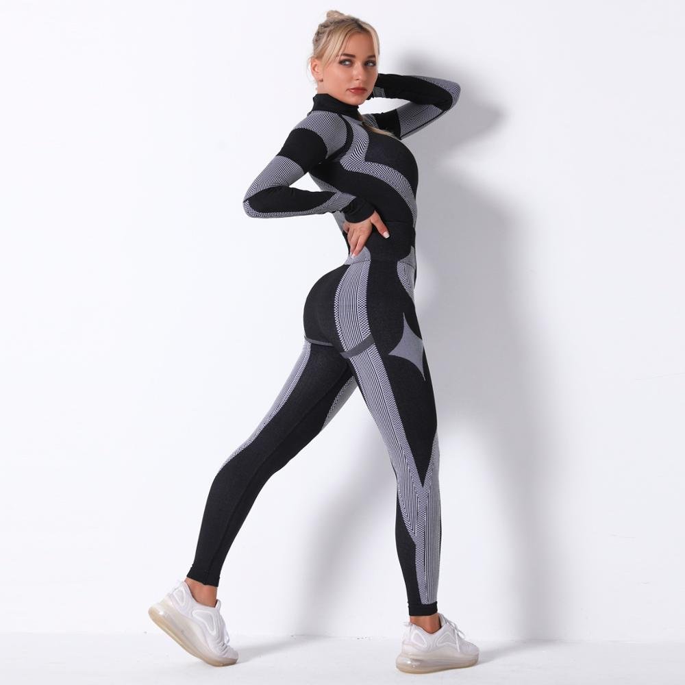 Autumn Color Patchwork Yoga Set Women Gym Clothes Fitness Long Sleeve Top Leggings Suit Push Up Workout New Tracksuit