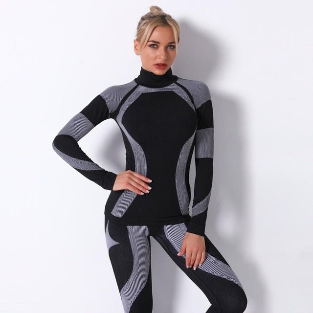 Autumn Color Patchwork Yoga Set Women Gym Clothes Fitness Long Sleeve Top Leggings Suit Push Up Workout New Tracksuit