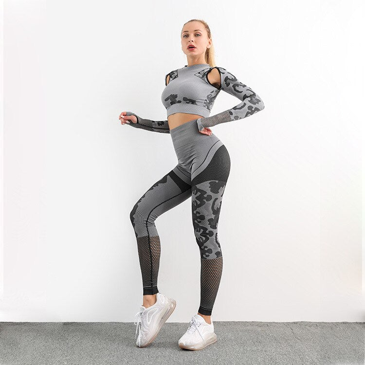 Autumn Seamless Camo Print Sports Yoga Set Sheer Mesh Patchwork Gym Fitness Long Sleeve Leggings Tracksuit Training Clothing