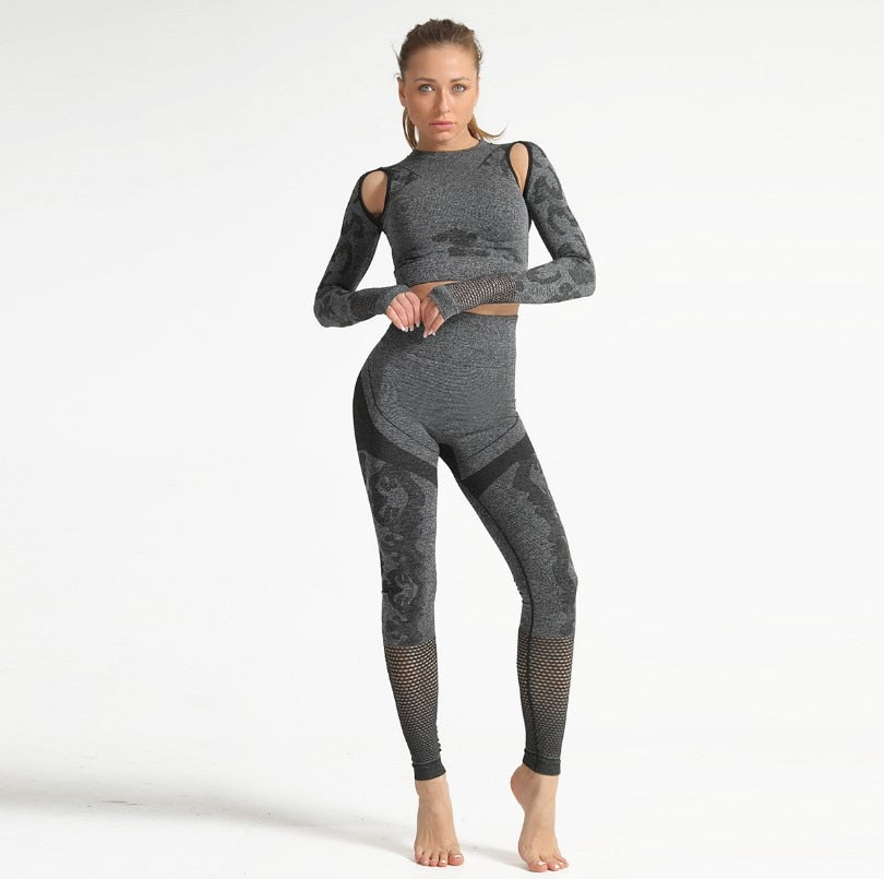 Autumn Seamless Camo Print Sports Yoga Set Sheer Mesh Patchwork Gym Fitness Long Sleeve Leggings Tracksuit Training Clothing