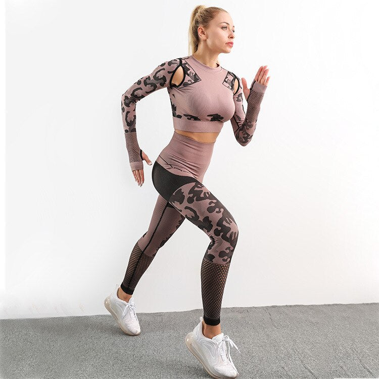 Autumn Seamless Camo Print Sports Yoga Set Sheer Mesh Patchwork Gym Fitness Long Sleeve Leggings Tracksuit Training Clothing